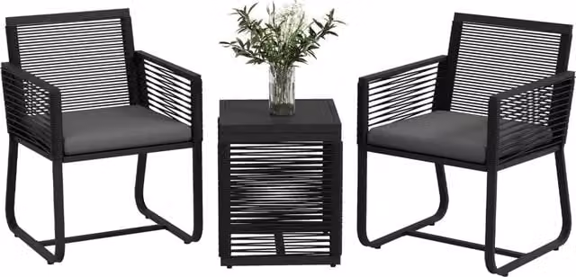Set da giardino Minimal composto da poltroncine e tavolino in rattan nero con cuscini e vetro