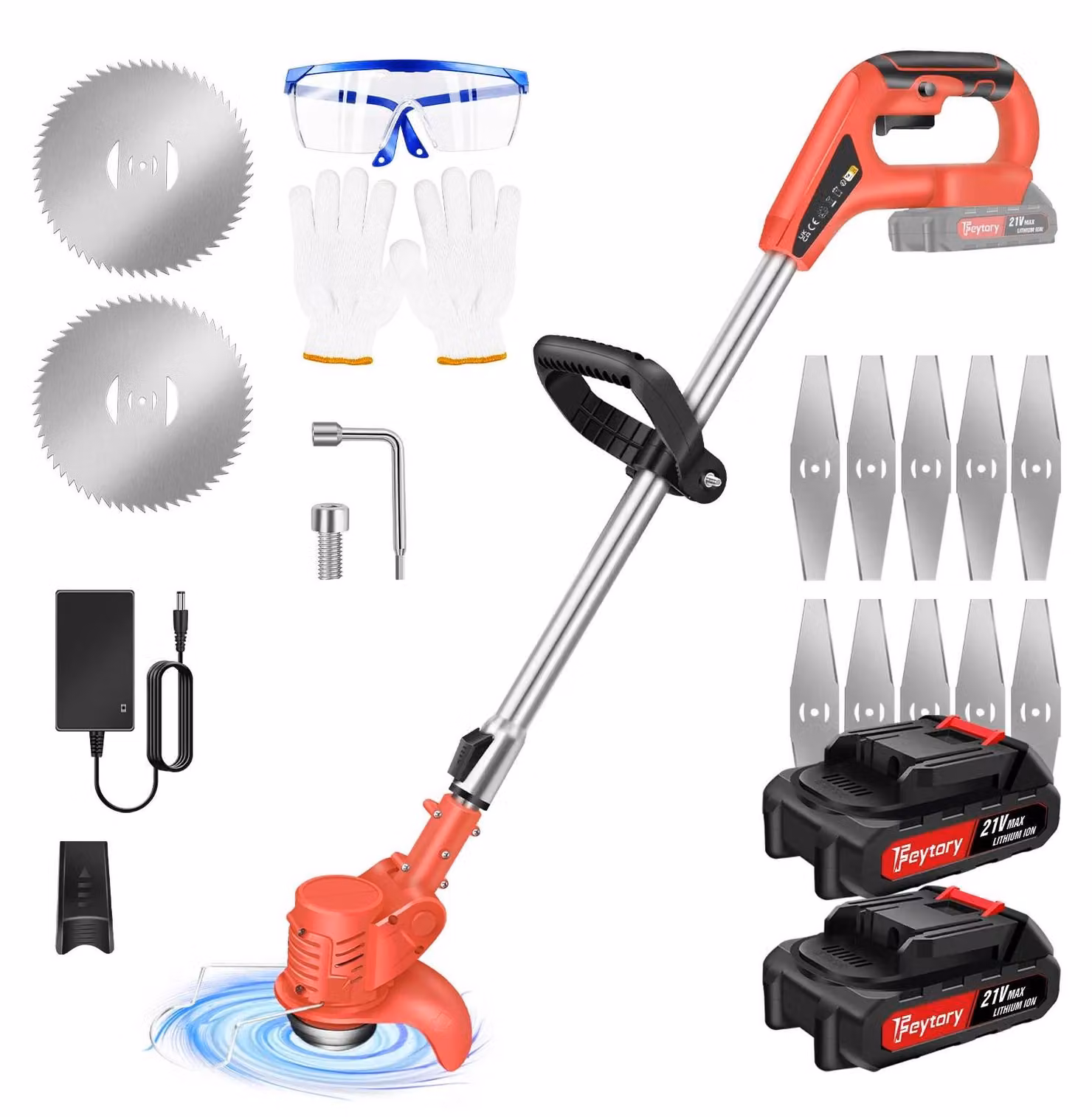 Tagliabordi e tagliaerba - Batteria da 21 V - Motore brushless - Manico telescopico - 10.000 giri/min - 2 batterie agli ioni di litio da 1,5 Ah