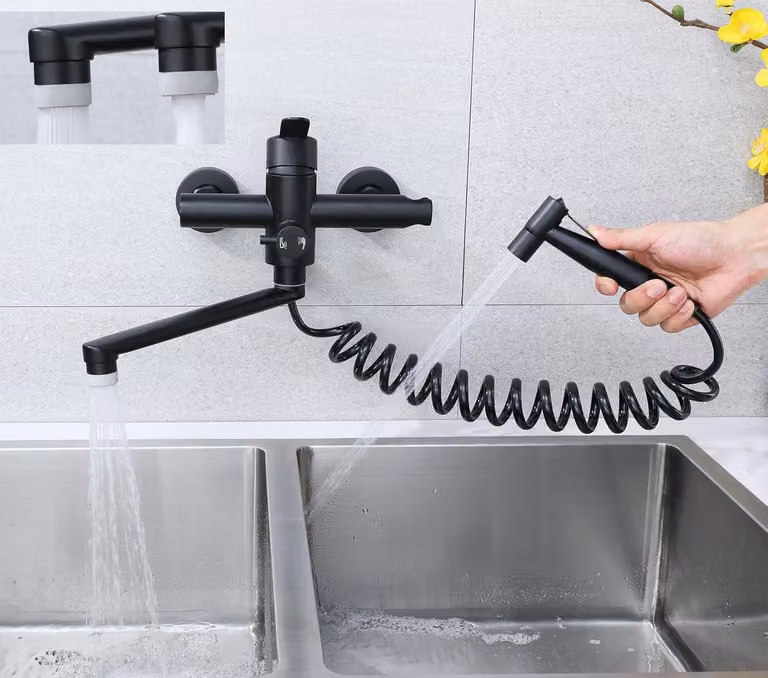 Miscelatore monocomando da parete per cucina, con doccetta, girevole a 360°, 23 cm, 4 funzioni, in acciaio inossidabile, ideale per la cucina
