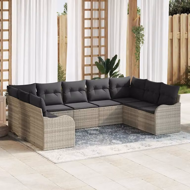 Set Divano da Giardino a L vidaXL 9 pz Grigio con Cuscini e Struttura in Metallo e Polyrattan