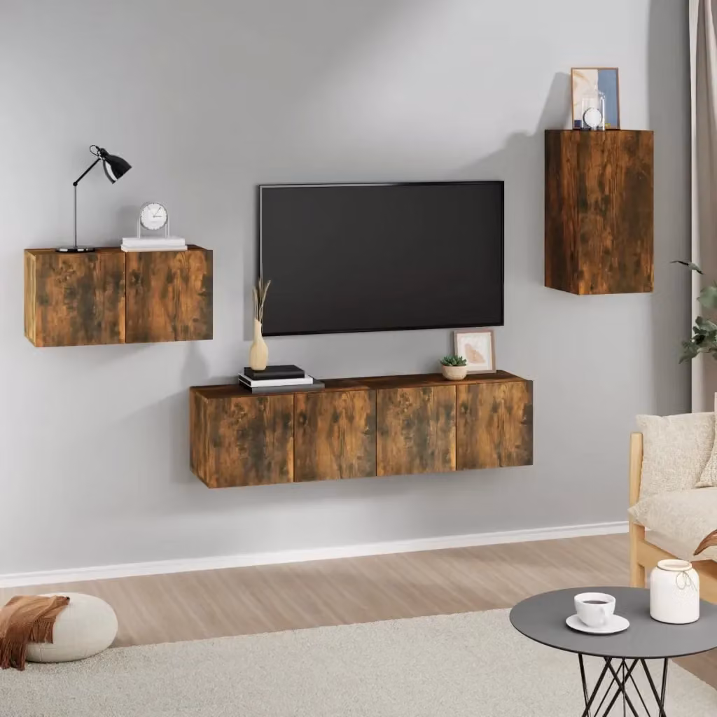 Set di Mobili Porta TV 4 pz in Legno Multistrato Rovere Fumo Marrone con Design a Parete per Soggiorno L: 60 cm, P: 30 cm, H: 30 cm – 2