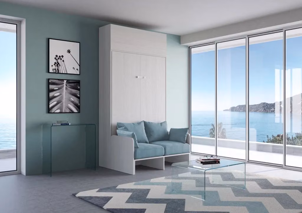 Letto Matrimoniale Francese A Scomparsa Kentaro con Divano e Pensile Bianco Frassino e Azzurro Giordanoshop – 2
