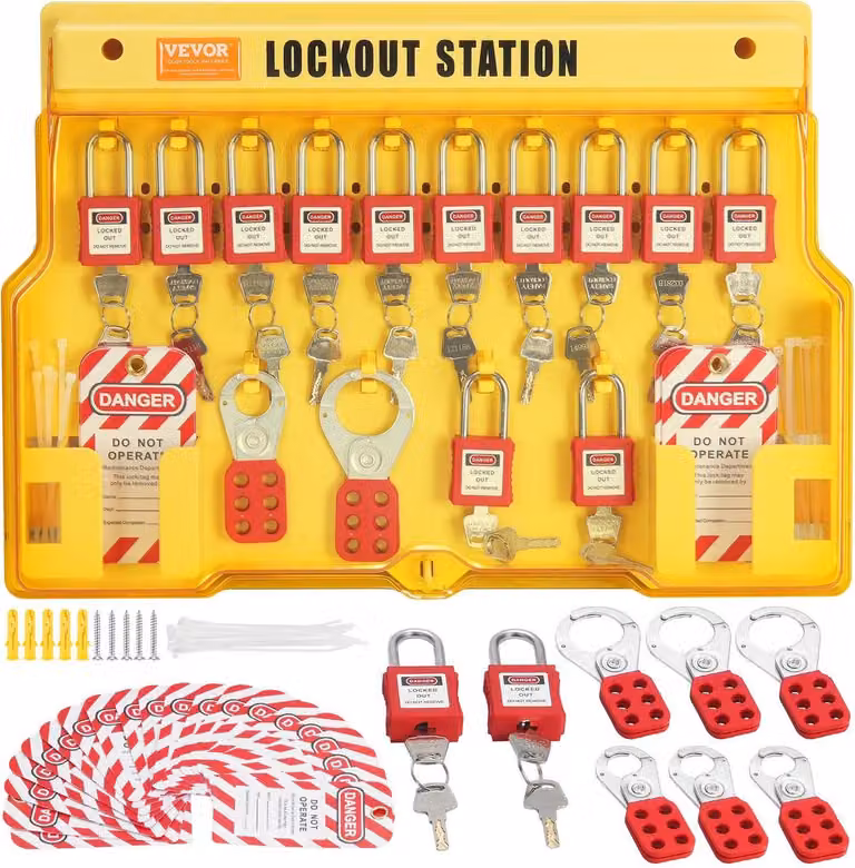 Kit di blocco elettrico, stazione di blocco di sicurezza da 60 pezzi che include lucchetti, cerniere, etichette, fascette in nylon, kit di espansione e pannello di blocco, per uso industriale, energia elettrica