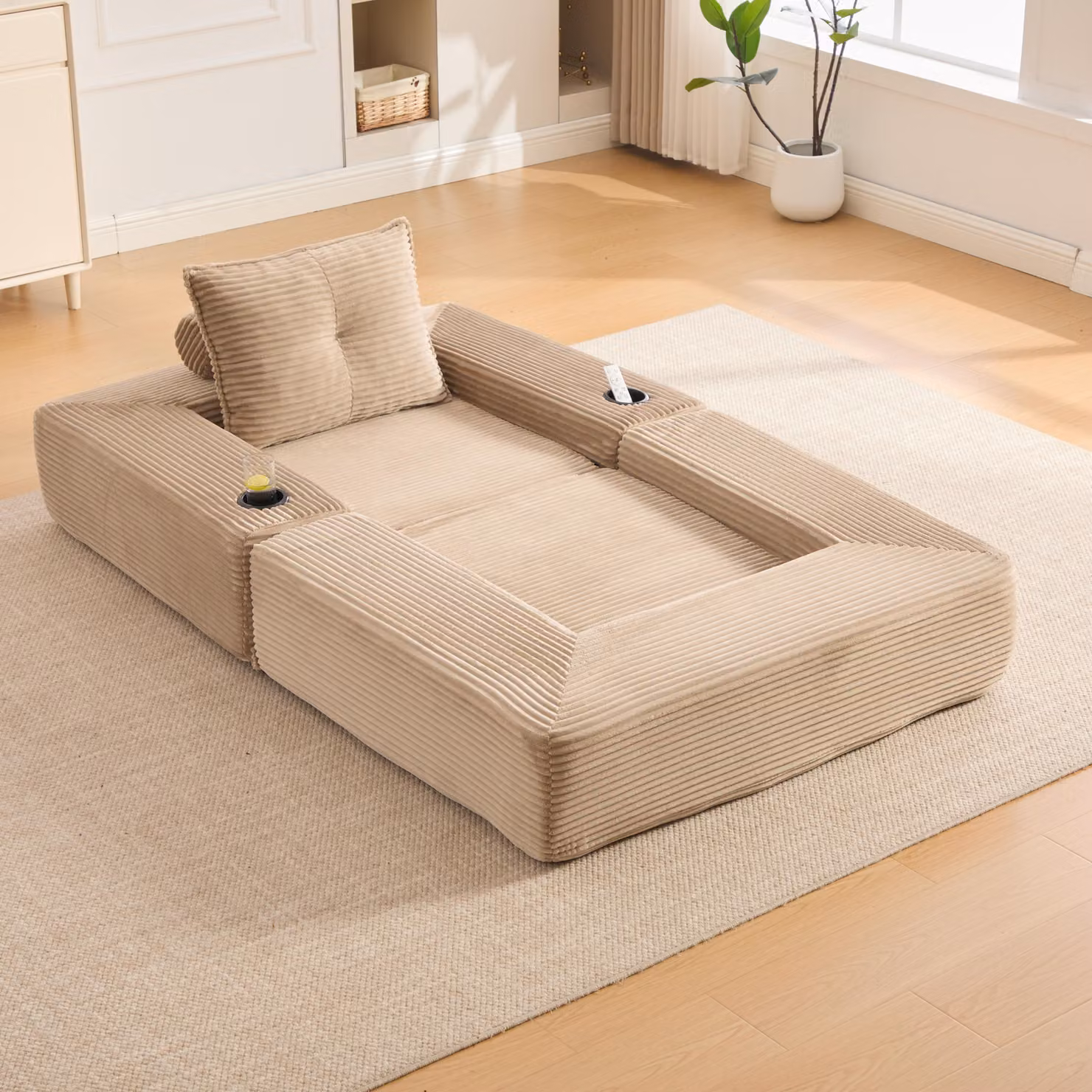 Poltrona relax MODFU con cuscino per lo schienale, tasche laterali e portabevande, divano a 1 posto in velluto a coste, divano modulare con braccioli rimovibili, trasformabile in letto, color kaki