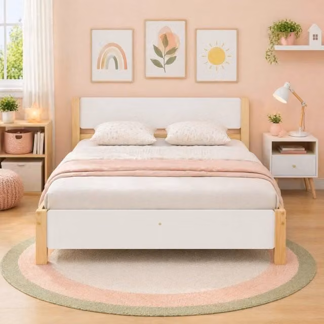 Letto matrimoniale moderno in legno e MDF bianco con doghe fisse L/P/H: 207 x 140 x 82 cm