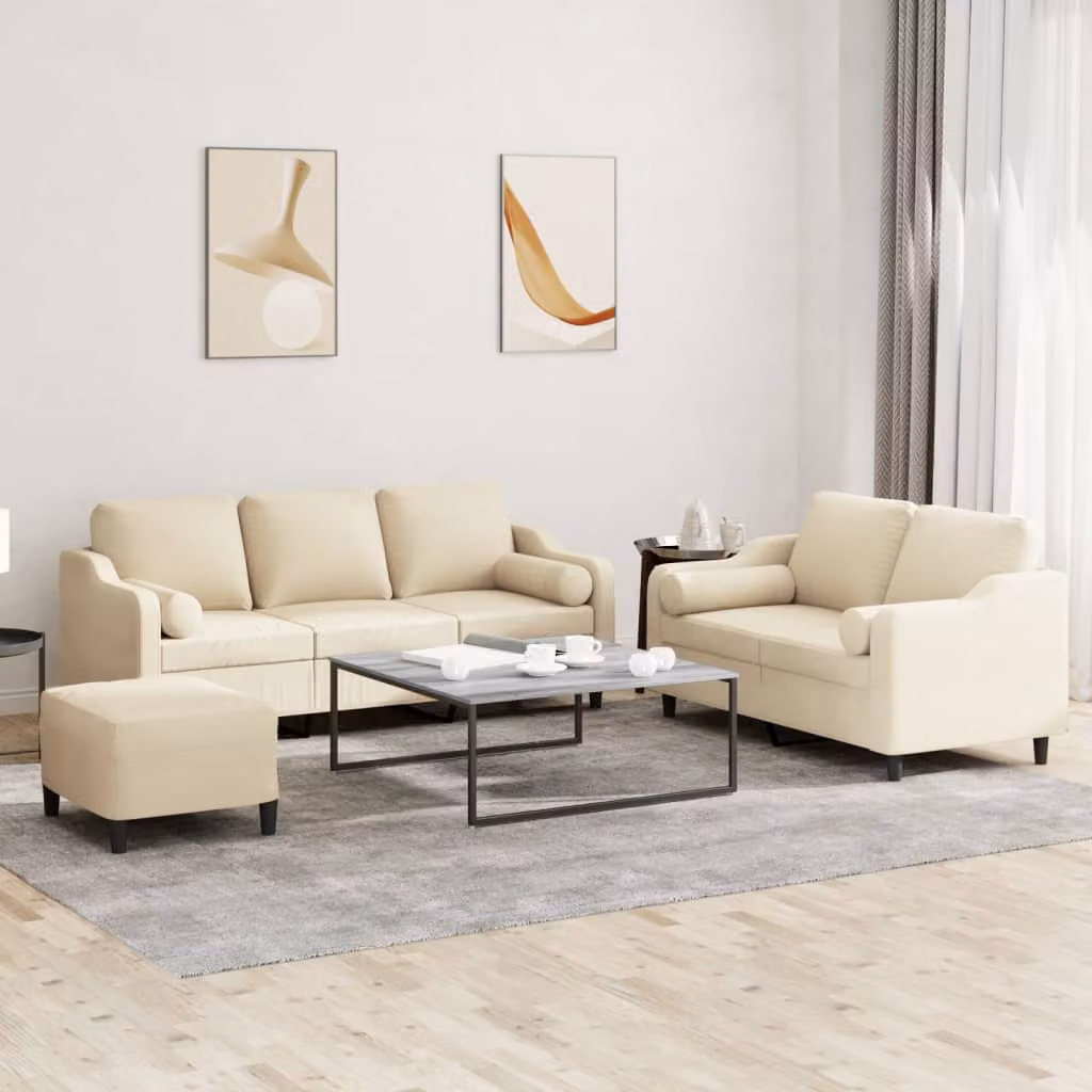 Set di Divani vidaXL 3 Pezzi con Pouf e Cuscini in Tessuto Beige Moderno – 1