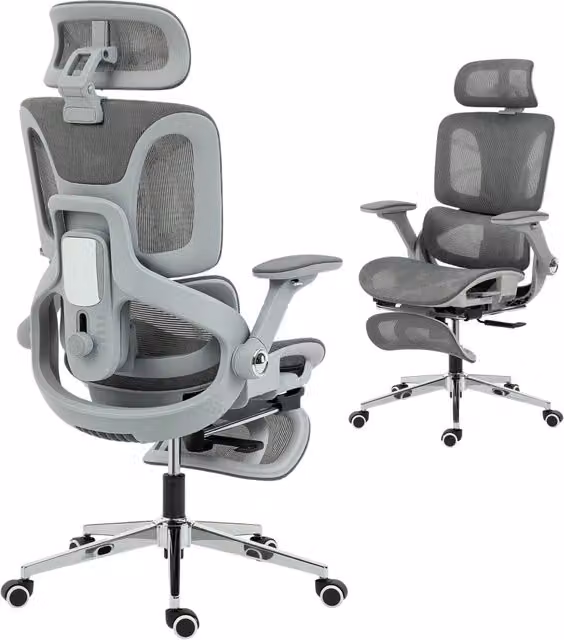 Sedia da Ufficio Ergonomica in Rete con Schienale Separato, Supporto Lombare e Braccioli 4D Ribaltabili, Grigio