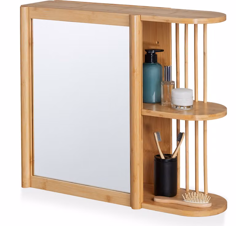 Relaxdays: mensola da parete con specchio, in bambù, 2 ripiani semiaperti, 53x62x20 cm, per il bagno, da appendere, armadietto a specchio, color naturale