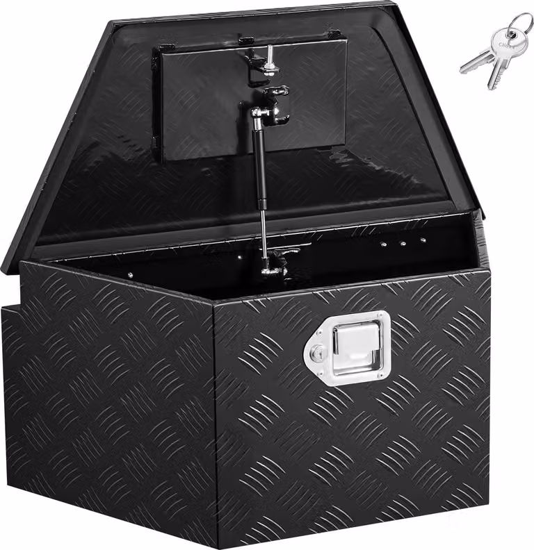 SucceBuy Box per timone in alluminio 660 x 330 x 305 mm, box porta attrezzi con serratura e chiavi, robusto box per rimorchi per pianali di carico, SUV e fuoristrada, nero