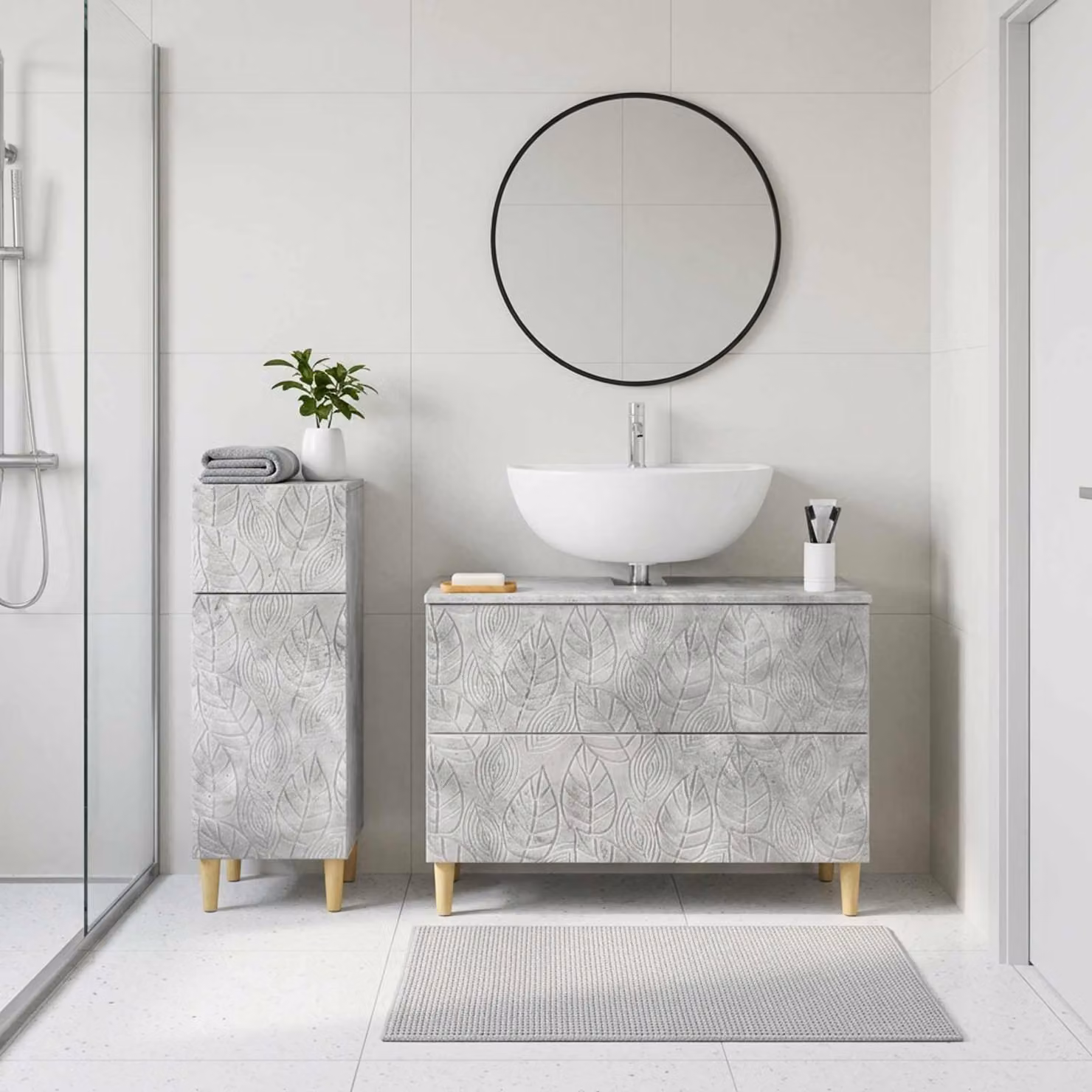 Set di mobili da bagno vidaXL DELFT composto da mobile lavabo e mobile contenitore, colore grigio cemento, design moderno con ante a cerniera e cassetti interni, struttura autoportante in legno