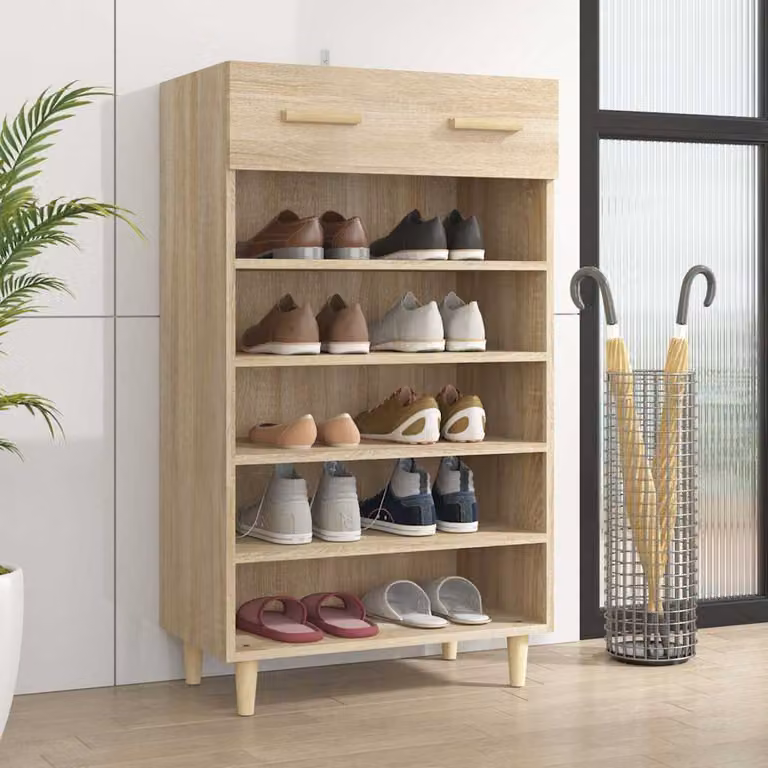 Scarpiera vidaXL in stile scandinavo color rovere, con ripiani interni e ante, L: 60 cm, P: 35 cm, H: 105 cm