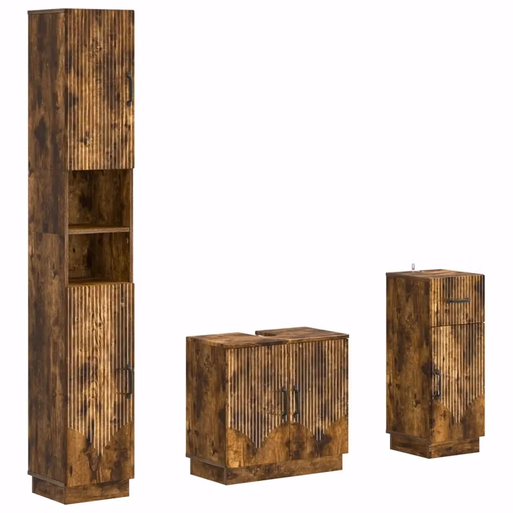Set di mobili da bagno moderni vidaXL in legno di rovere marrone composto da mobile lavabo, colonna alta e mobile laterale con ante a battente e ripiani interni – 2