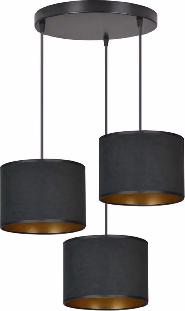 Lampadario a sospensione Emibig Hilde 3 Premium in metallo e tessuto, colore nero e oro, con 3 lampadine E27, regolabile in altezza e dimmabile