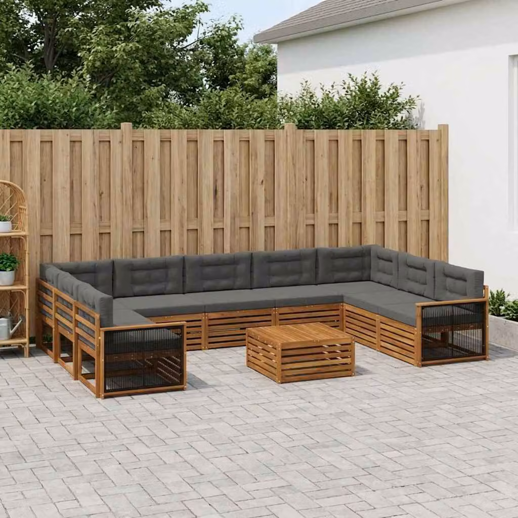Set di divani da esterno moderno vidaXL in legno di acacia, 10 pezzi, Naturale e Antracite