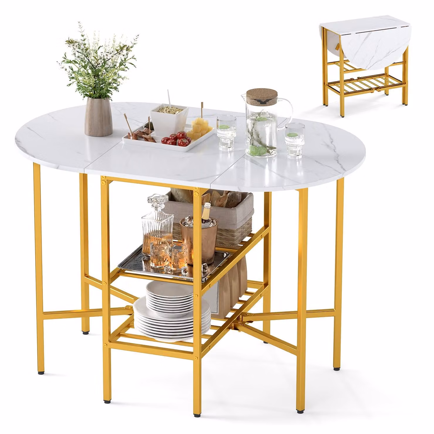 COSTWAY Tavolo da pranzo pieghevole, tavolo da cucina con 2 ripiani aperti per 4 persone, tavolo pieghevole salvaspazio, tavolo da pranzo, 110 x 70 x 76 cm, bianco