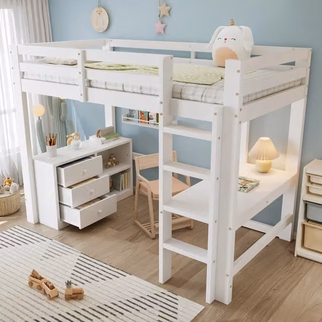 Letto a soppalco per bambini 90 × 200 cm con scrivania, cassetti e mensola, senza materasso, bianco