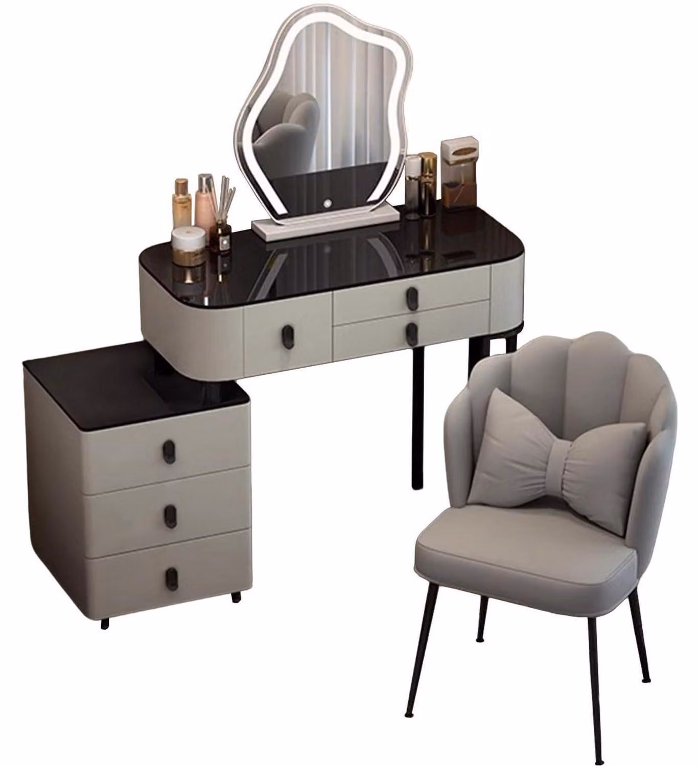 Comò da trucco con specchio a LED e sedia in velluto, 6 cassetti, legno massello, 80 cm, colore grigio