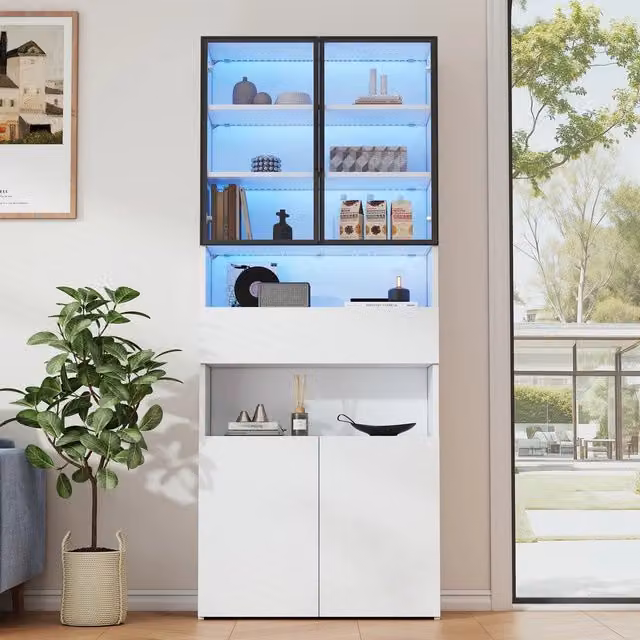 Libreria Vetrata ¨C Minimal ¨C Bianco 70x30x200cm in Legno con Ante in Vetro, LED e Cassetti