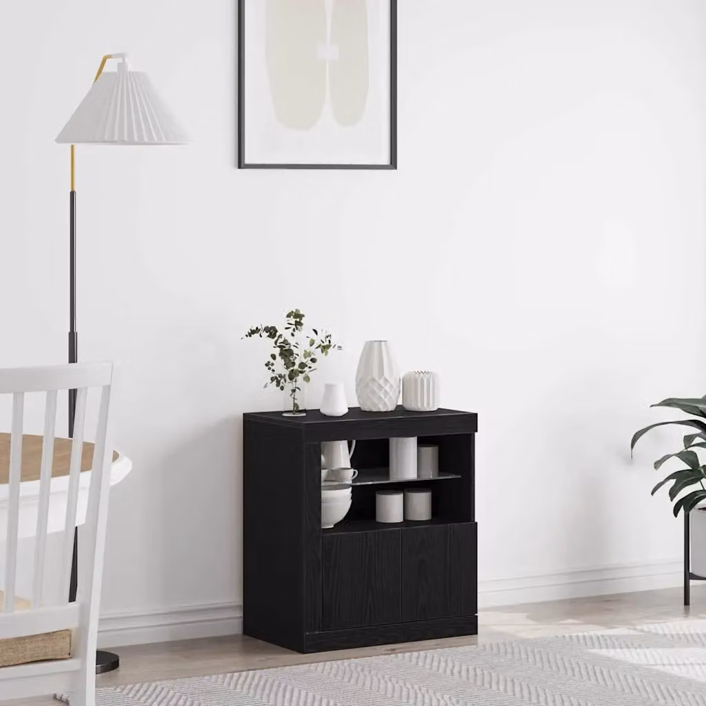 Madia moderna vidaXL con illuminazione LED integrata in nero, realizzata in legno MDF e vetro, L 60,5 x P 37 x H 67 cm