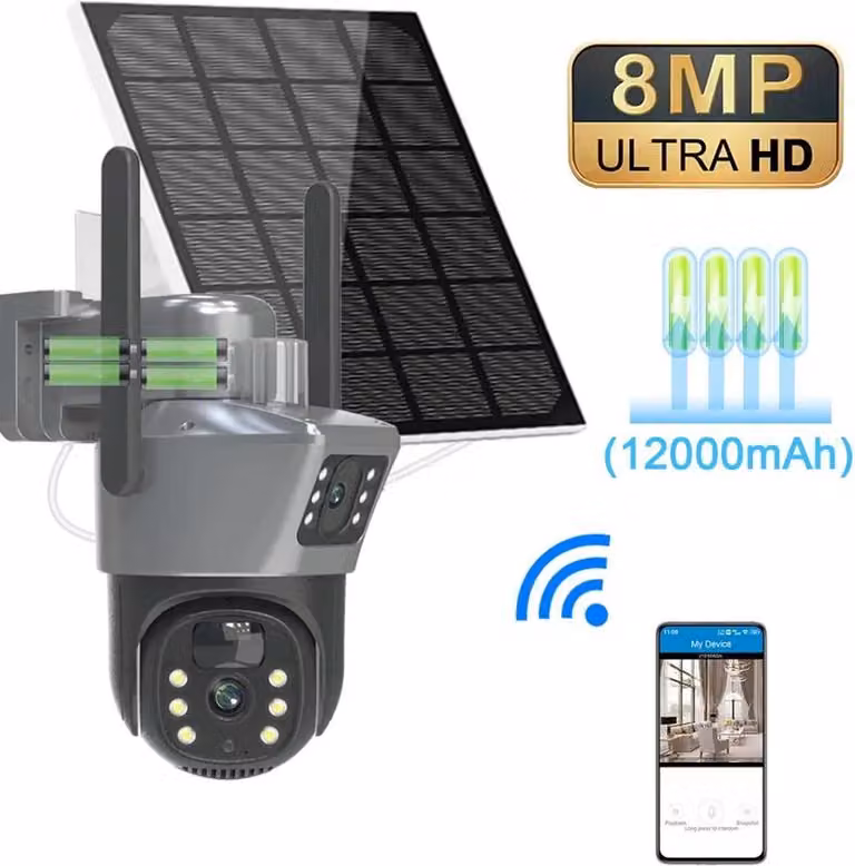 Telecamera di sicurezza, risoluzione 8MP, doppio obiettivo, telecamera WIFI senza scheda