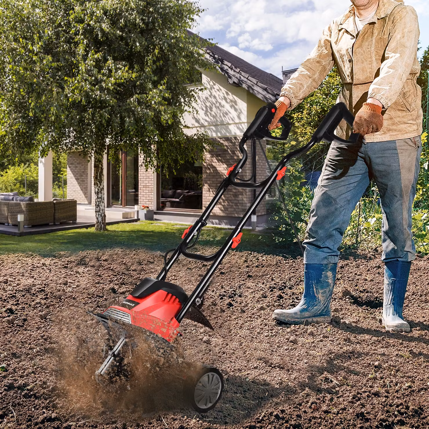 Mini coltivatore elettrico Costway con maniglia pieghevole e ruote regolabili, Rosso e Nero – 3