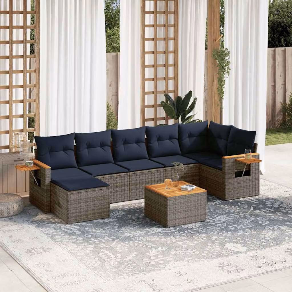 Set di divani da giardino vidaXL a forma di L composto da 8 pezzi in polyrattan con cuscini grigi e blu e tavolino da esterno – 1