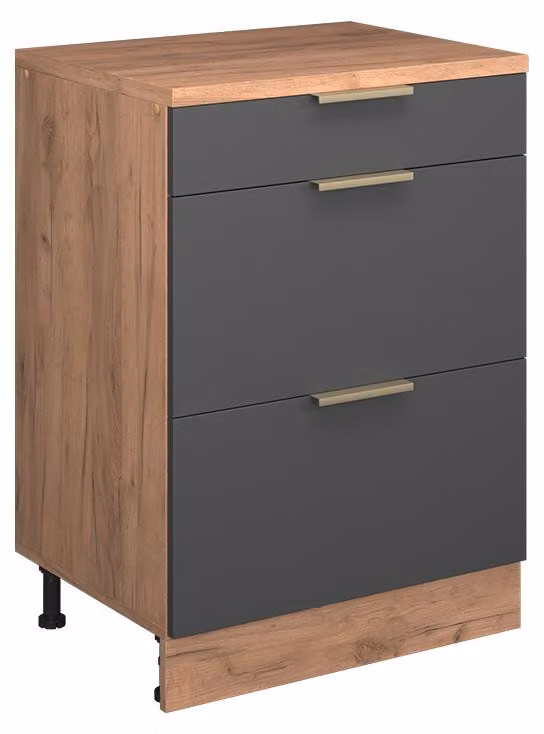 Mobile cucina sottotetto Vicco R-Line Antracite-oro 60 cm senza inclinazione con 3 cassetti, Model 61709