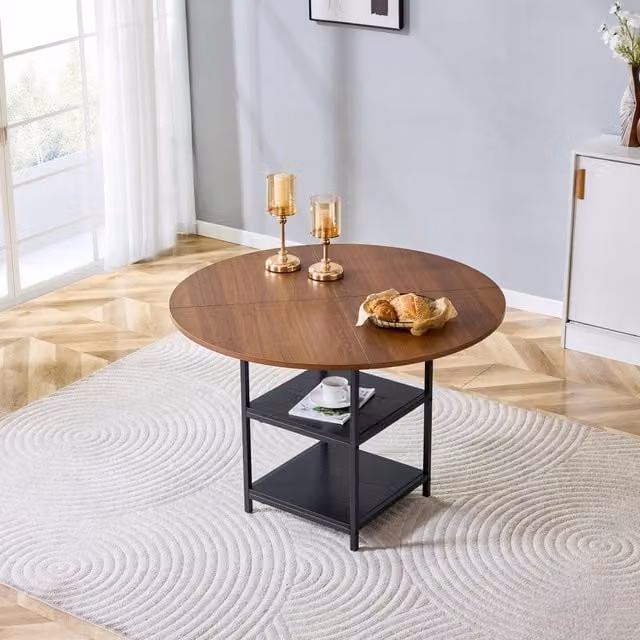 Tavolo da Pranzo Rotondo Minimal Noce e Nero in MDF e Metallo, Diametro: 107 cm