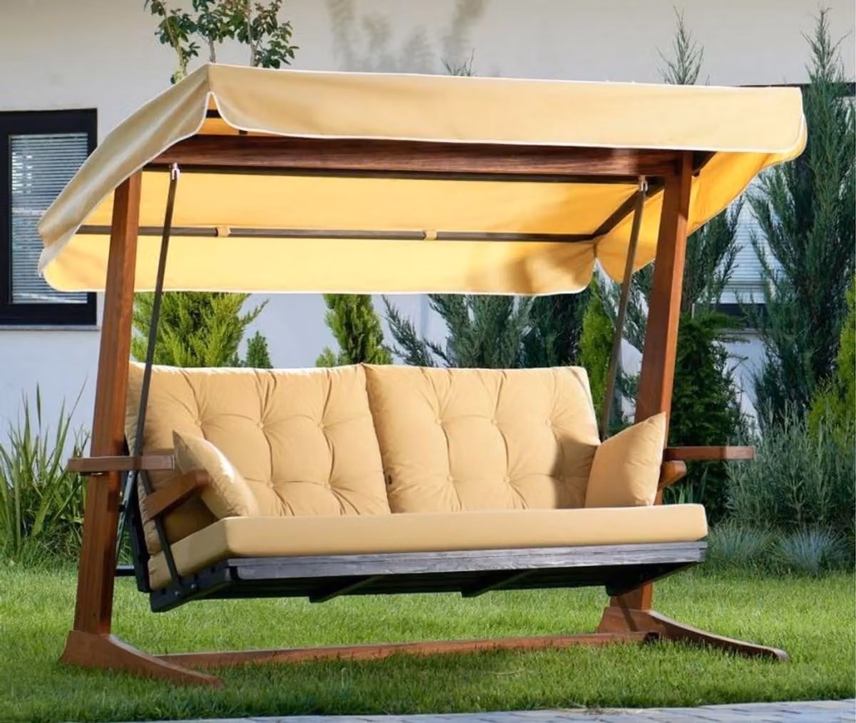 Casa Padrino Luxury Hollywood Swing Beige / Brown - Moderna altalena da giardino resistente alle intemperie con tettuccio parasole - Mobili da giardino per hotel - Collezione