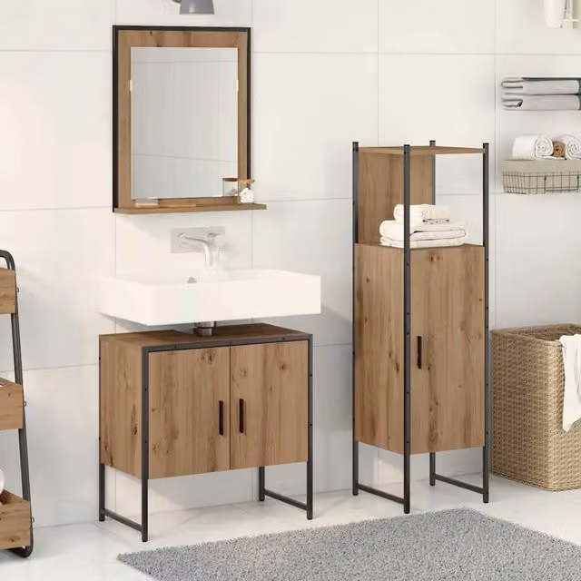 Set di mobili da bagno moderno vidaXL in legno marrone opaco composto da 3 pezzi con mobile sottolavabo e armadietto a specchio L/P/H: 60,0 x 33,0 x 113,5 cm
