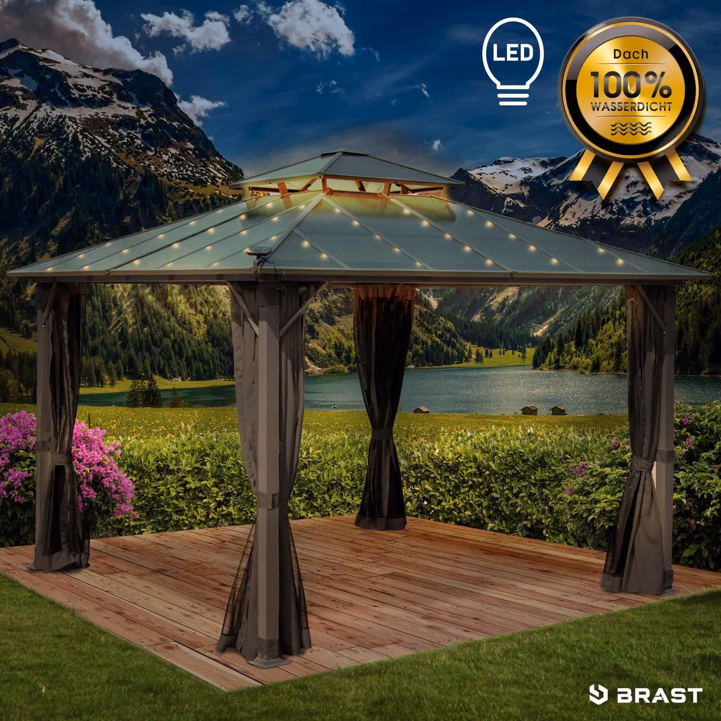 Padiglione in alluminio PAGODE 3,5x3,5 m grigio scuro con zanzariera e illuminazione a LED