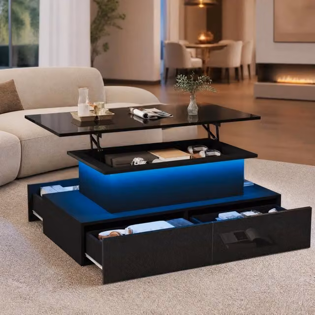 Tavolino da salotto ULEVR 80x55x41 cm nero lucido con LED, piano estraibile e 4 cassetti
