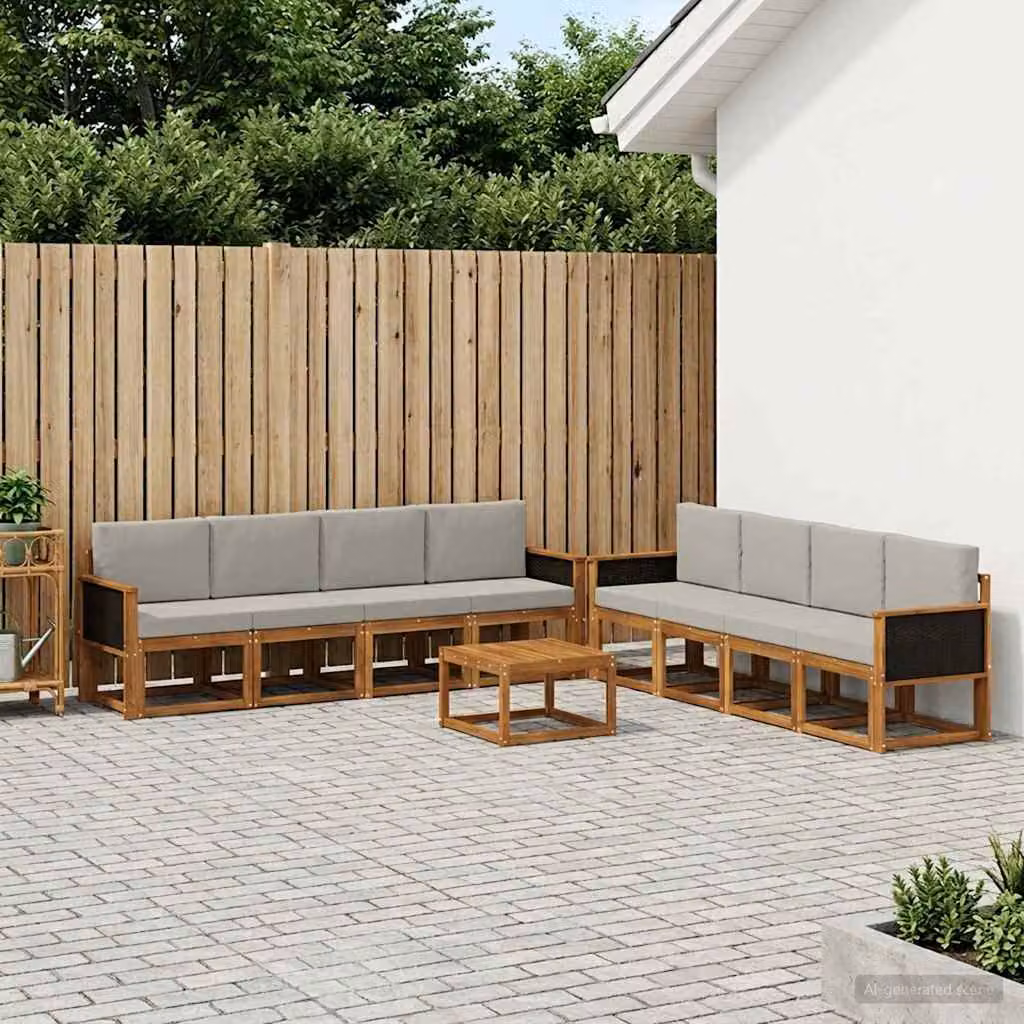 Set di divani da esterno vidaXL 9 pz in legno di acacia con cuscini, colore marrone e grigio chiaro