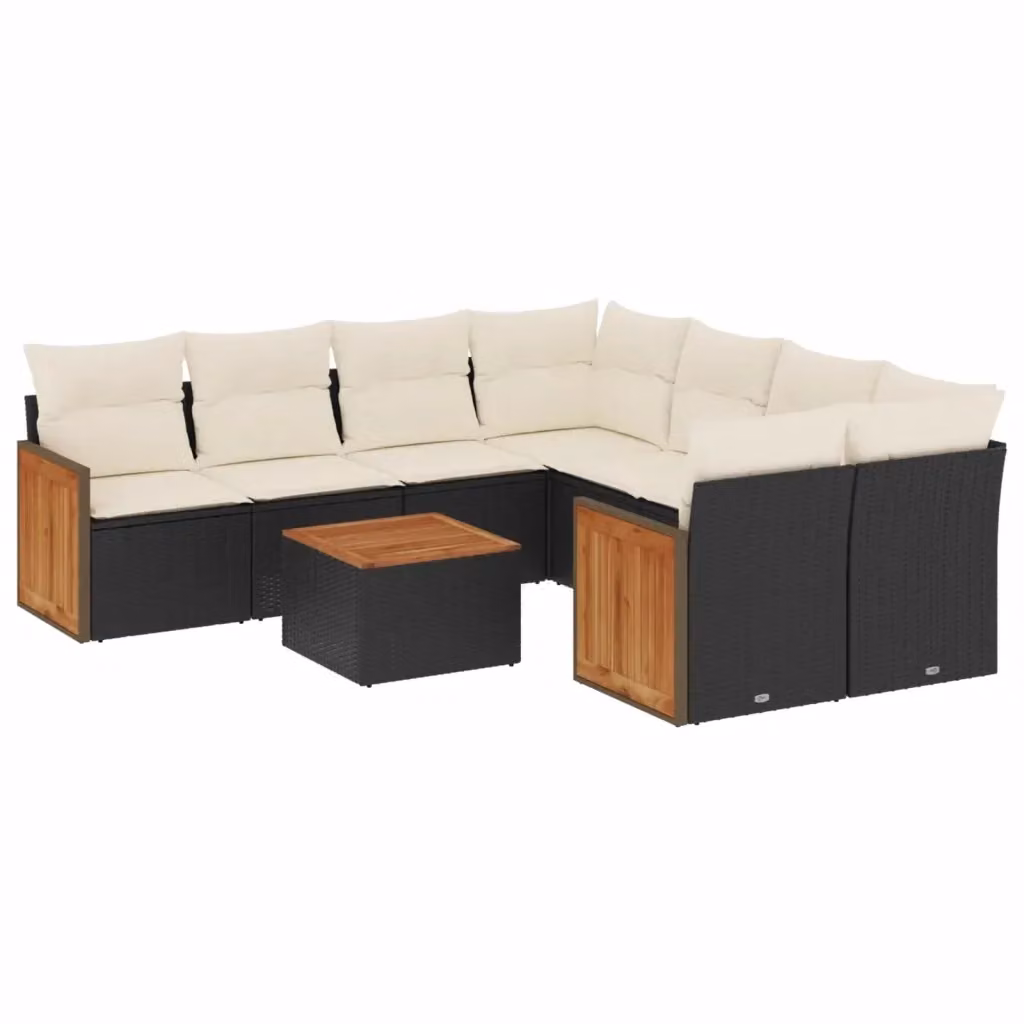 vidaXL Set Divani da Giardino 9 pz a Forma a L in Polyrattan Nero con Cuscini e Tavolino da Esterno – 2