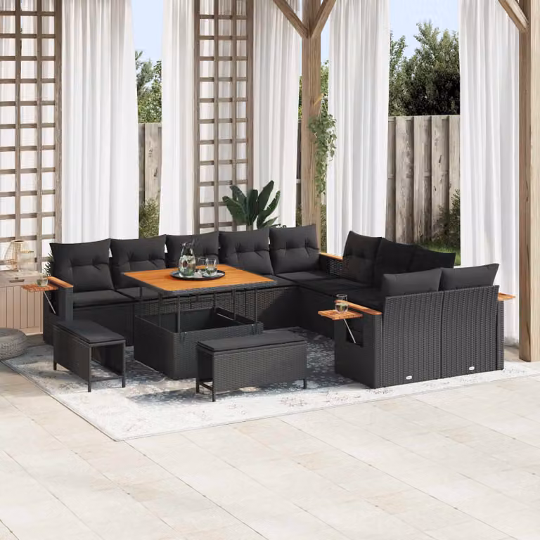 Set Divano da Giardino vidaXL a forma a U composto da 17 pezzi con cuscini Nero