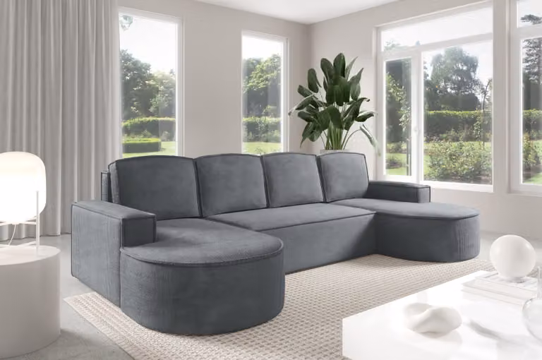 GUTTO Molly Divano angolare a U dalla forma arrotondata in velluto chiaro beige panna - forma arrotondata di tendenza! (con funzione di letto)