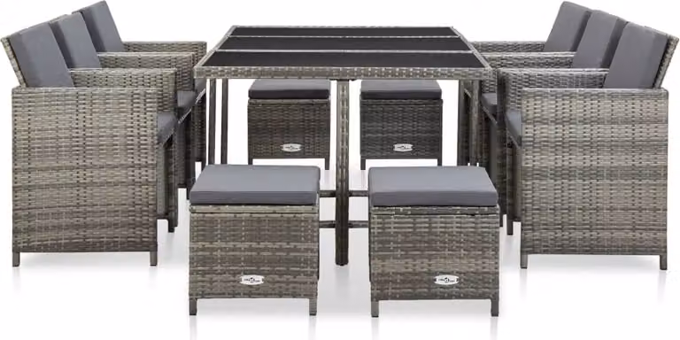Set da Pranzo da Giardino 11 pz con Cuscini Polyrattan Grigio