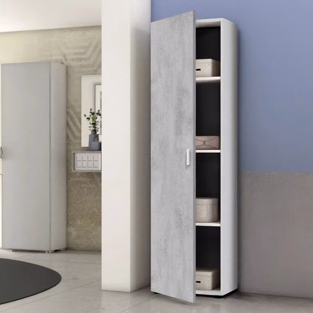 Armadio multiuso DMORA con anta e ripiani interni, mobile a colonna moderno per bagno, ufficio o lavanderia, Grigio e Bianco, L: 41 cm, P: 37 cm, H: 182 cm