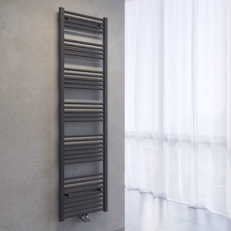Radiatore asciuga-asciugamani SONNI, dimensioni 1800 x 500 mm, colore grigio antracite, sistema di riscaldamento ad acqua calda, senza resistenza elettrica