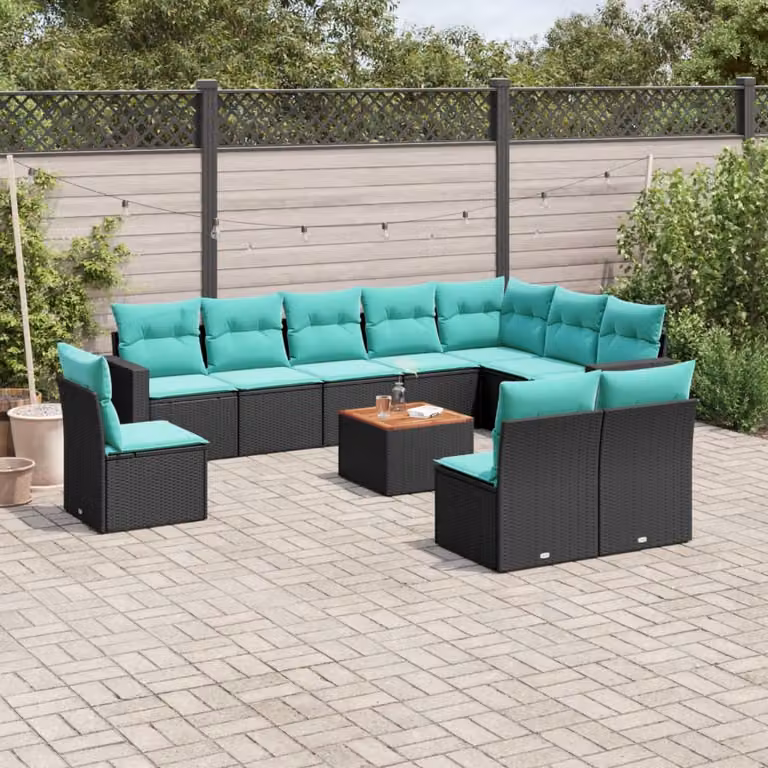 Set di divani da giardino vidaXL 11 pezzi in polyrattan con cuscini blu e turchese a forma di U