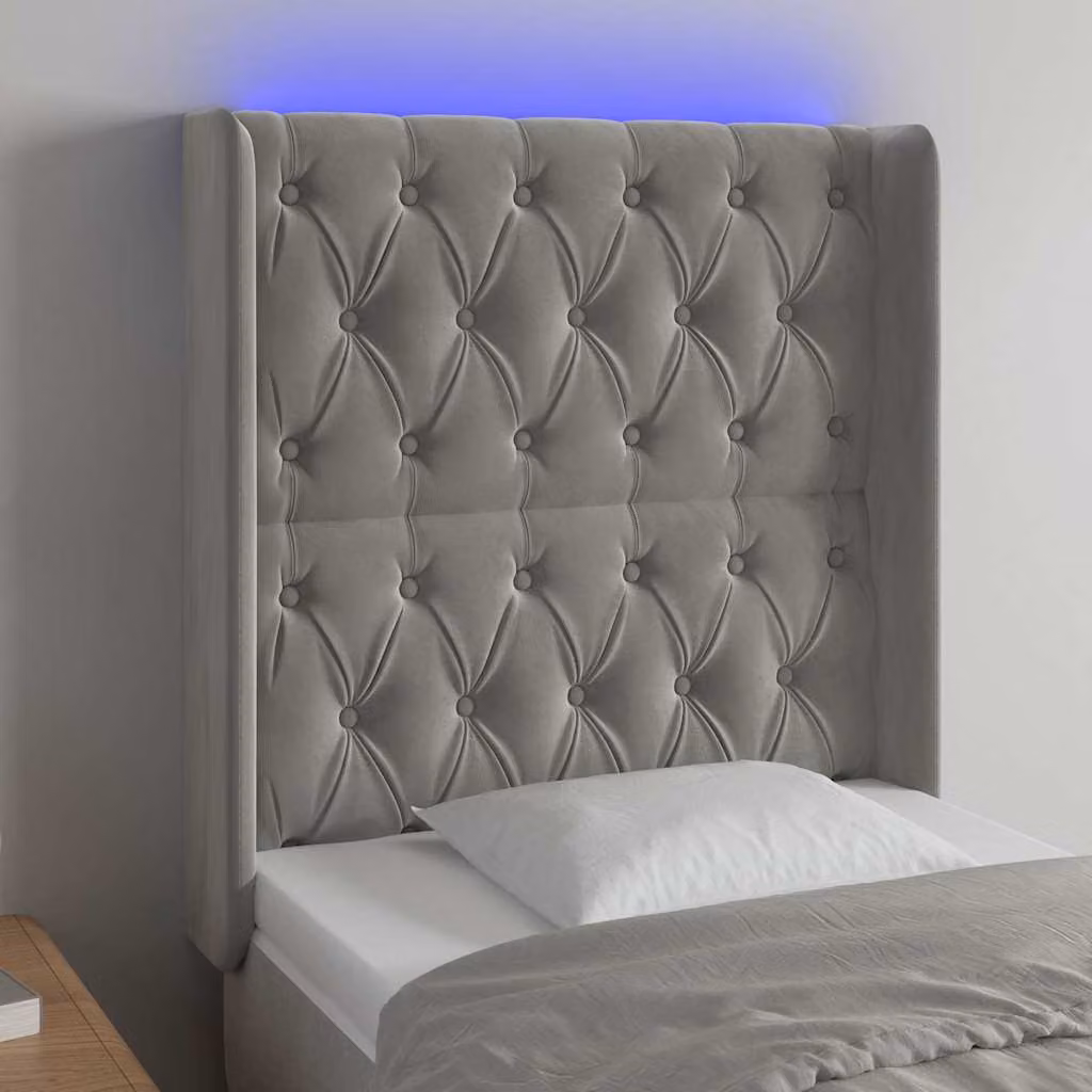 Testiera per letto vidaXL in velluto grigio con illuminazione LED e porta di ricarica USB, L/P/H: 83 x 16 x 118/128 cm