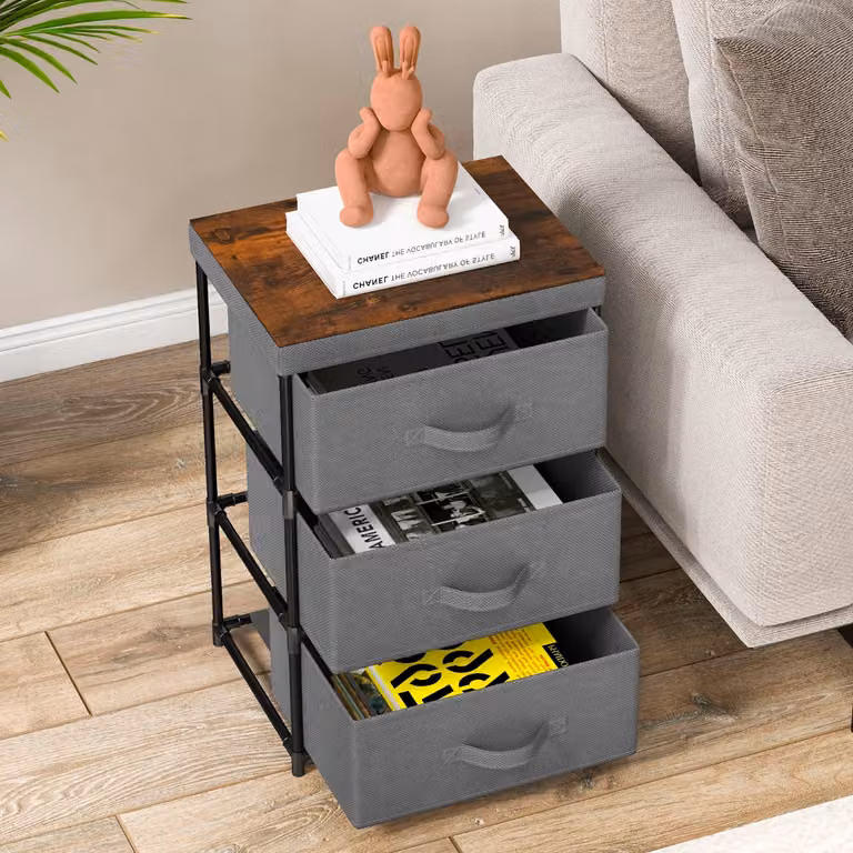 Set di 2 comodini Costway in tessuto con 3 cassetti e struttura in metallo, cassettiera salvaspazio moderna, Grigio