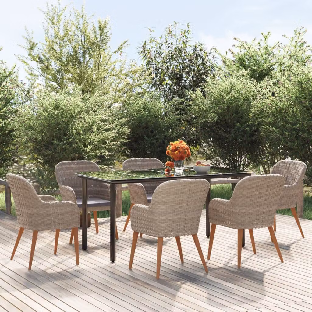Set da pranzo da giardino vidaXL in legno di acacia con tavolo in vetro e 7 pezzi marrone