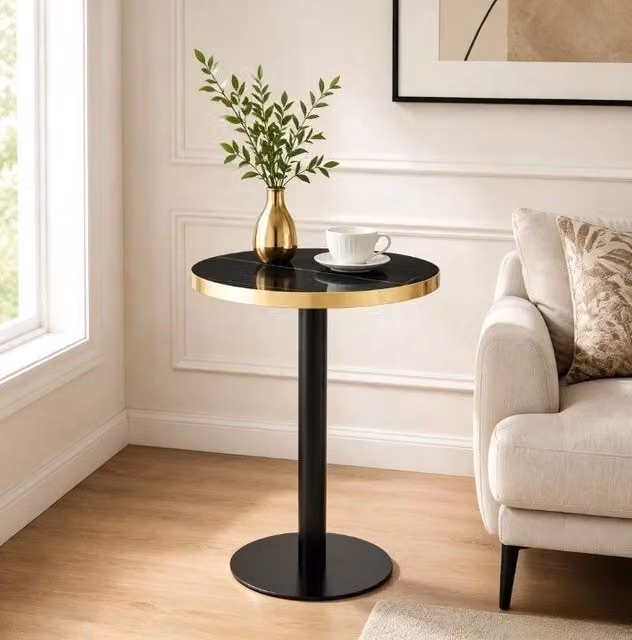 Tavolo rotondo Ø 60 cm effetto marmo nero con bordo oro