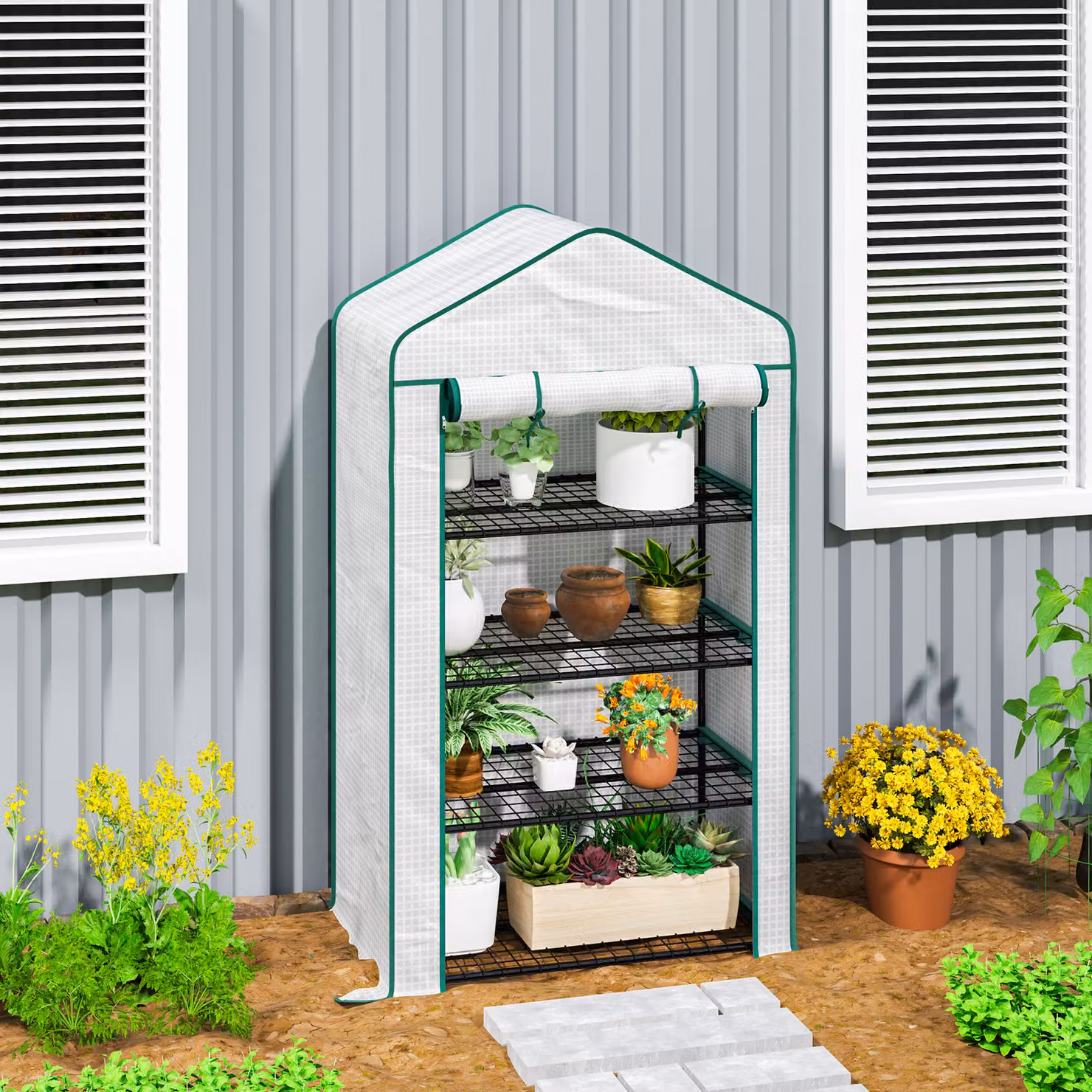 Serra da giardino per balcone Outsunny con 4 ripiani in acciaio zincato e telo PE bianco, L 90 cm x P 49 cm x H 160 cm – 2