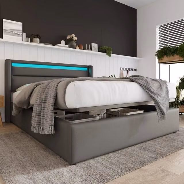 Letto contenitore 160x200 cm in PU grigio con LED e vano portaoggetti,