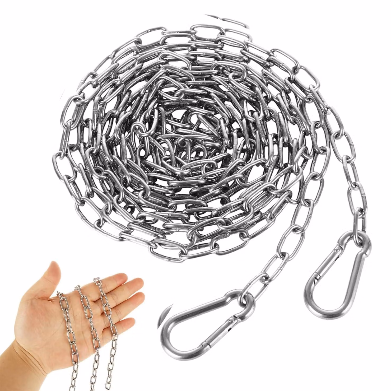 Catena in acciaio da 3 mm, lunghezza 1,5 metri, con 2 ganci a uncino, in acciaio inossidabile