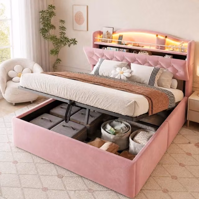 Letto imbottito 140 x 200 cm con contenitore idraulico; LED; USB e USB-C; rosa