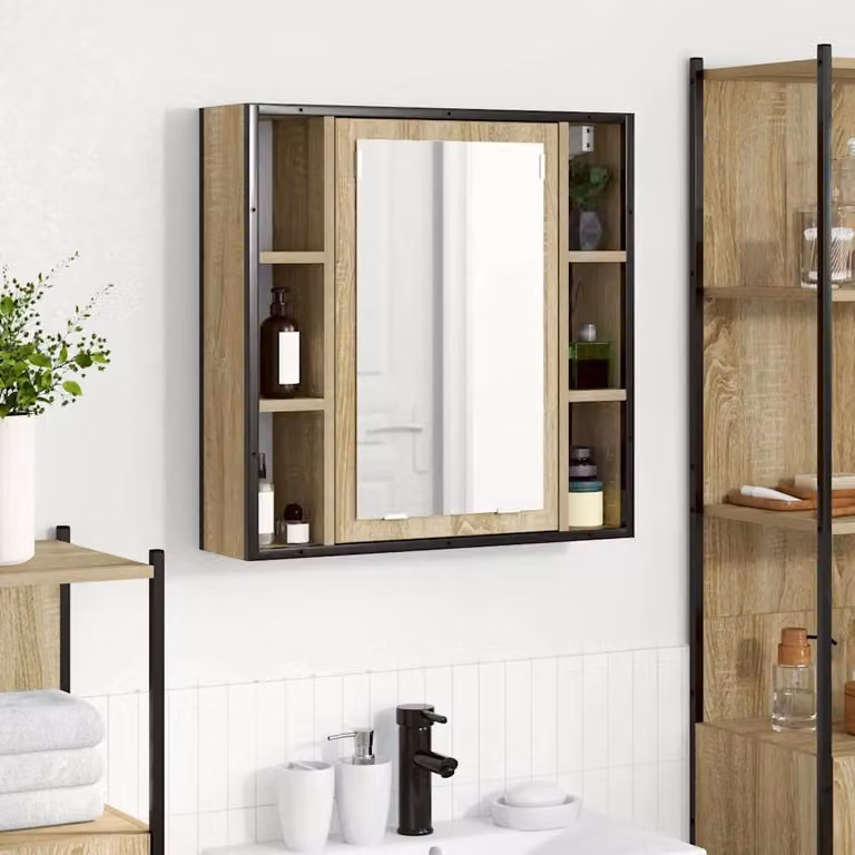 Mobiletto per specchio da bagno vidaXL in Rovere Sonoma, moderno e da appendere al muro, L: 60 cm, P: 16 cm, H: 60 cm