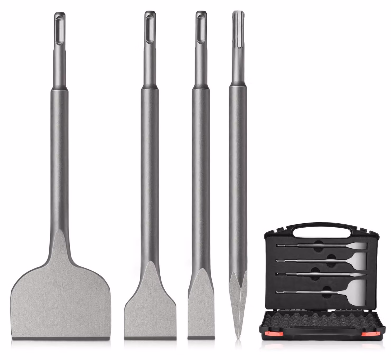 Set di 4 scalpelli per martelli perforanti SDS, completo di custodia